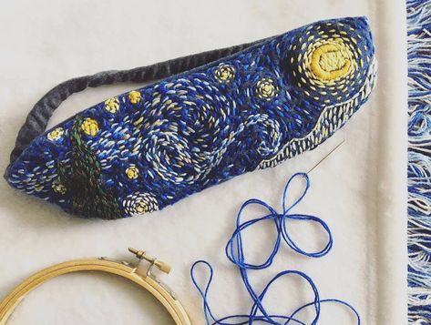 My hand sewn and embroidered starry night sleep mask. Embroidered Sleep Mask, Night Sleep, Slow Stitching, Sleep Mask, Hand Sewn, Eye Mask, Starry Night, Hand Sewing, Sunglasses Case