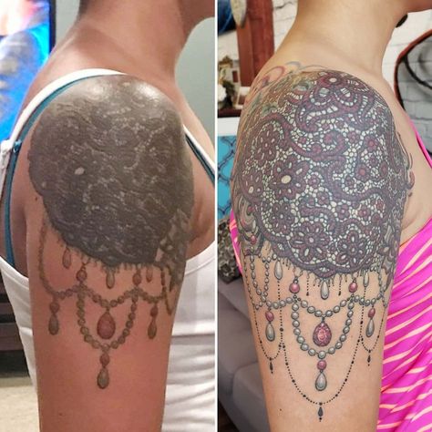 Rachel Gilbert on Instagram: “Before and After Both are healed photos. On the left, a cover up (started by another artist) that was not going according to plan. 🤔 On the…” Rachel Gilbert, Geometric Tattoo, Cover Up, Healing, Tattoos, How To Plan, Instagram