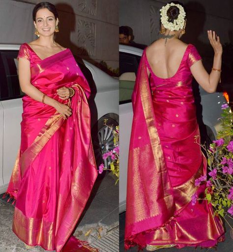 Rani Pink Kanjeevaram Saree, Rani Pink Saree Contrast Blouse, Gajra In Hair, Pink Paithani Saree, Pink Kanjeevaram Saree, Long Blouse Designs, Simple Saree Designs, Wedding Saree Blouse Designs, Wedding Saree Collection