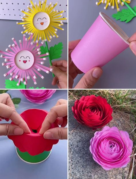 Paper Cup Flower Craft, Plastic Cup Flowers, Paper Glass Craft, Paper Cup Flower, Flower Vase Crafts, Paper Cup Crafts, Grandma Ideas, Flower Crafts Kids, Paper Flower Centerpieces