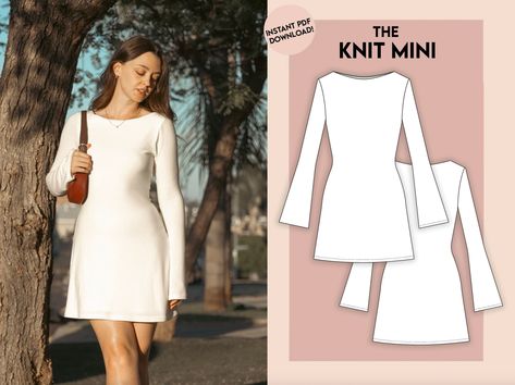 Knit Mini Dress - Sewing Pattern - Instant PDF Download Winter Top Sewing Patterns, Pattern Mini Dress, Long Sleeve Mini Dress Sewing Pattern, Holiday Dress Sewing Pattern, Structured Dress Pattern, Home Sewing Patterns, Sweater Dress Sewing Pattern, Low Back Dress Pattern, Y2k Sewing Pattern Free