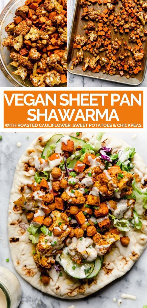 Shawarma Dinner, Veggie Shawarma, Roasted Cauliflower Sweet Potato, Vegan Sheet Pan, Cauliflower Sweet Potato, Main Recipes, Shawarma Recipe, Healthy Veggie, Vegetarian Meal Prep