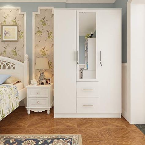 CozyCasa Armoire Wardrobe Closet Wood Clothes Cabinet with Mirror Doors 3 Drawers 6 Storage Shelves for Bedroom, 3-Door Wooden Closet Finish in White, https://lexibay.com/cozycasa-armoire-wardrobe-closet-wood-clothes-cabinet-with-mirror-doors-3-drawers-6-storage-shelves-for-bedroom-3-door-wooden-closet-finish-in-white/, , Price: (as of - Details) Armoire Wardrobe Closet - The long mirror on... 3 Door Wardrobe Design, Cupboard With Mirror, White Wooden Wardrobe, Clothes Cupboard, Cabinet Clothes, Reka Bentuk Bilik Tidur, Closet Wood, Home Office Furniture Design, Three Door Wardrobe