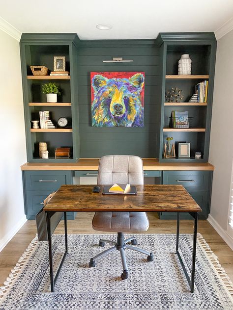 Office With Green Cabinets, Home Office Green Desk, Narrow Office Built Ins, Green Office Shelves, Office In The Basement, Green Cabinet Office, Walnut Home Office, Home Office Ideas Built Ins, Hunter Green Home Office