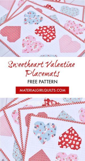 Sweetheart Valentine Placemats {a free pattern!!} — Material Girl Quilts Heart Table Runner Quilt Pattern, Valentines Quilting Projects, Quilted Valentine Projects, Valentine Mug Rugs Free Pattern, Valentine Quilts Patterns Free, Valentine Table Runner Pattern Free, Valentine Placemats, Valentines Quilts, Valentines Sewing