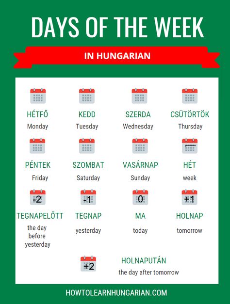 Hungarian vocabulary for beginners: days of the week Hungarian Language Learning, Hungarian Vocabulary, Learn Hungarian, Learning Hungarian, Hungarian Language, Sign Language Phrases, Verb Conjugation, Budapest Travel, Writing Systems