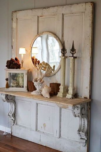 Old doors, corbels & shelf, & mirror. Gorgeous! Old door repurposed into an entry table with corbels, shelf, & mirror. Hooks or vintage doorknobs could be added to make it a hall tree. Salvaged items turned into beautiful home decor! Zimmer Design, Salvaged Doors, Old Wood Doors, Shabby Chic Decorating, Decoration Shabby, Doors Repurposed, Salon Interior Design, Decor Shabby Chic, Design Del Prodotto