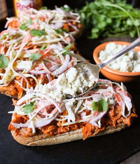 Open-Face Buffalo Chicken Subs with Ranch Slaw Chicken Subs, Buffalo Ranch Chicken, Buffalo Chicken Tacos, Hot Wing Sauces, Buffalo Chicken Sandwiches, Slaw Recipes, Football Food, Buffalo Chicken, The Ranch