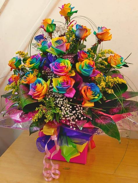 Rainbow Rose Arrangements, Pride Floral Arrangement, Rainbow Flower Arrangement, Rainbow Flower Bouquet, Animal Flower Arrangements, Rose Flower Arrangements, Rainbow Springs, Dye Flowers, Rainbow Roses