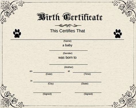 Pet Birth Certificate, Puppy Birth Certificate, Dog Adoption Certificate, Reading Certificates, Pet Care Printables, Cat Birth, Free Printable Certificate Templates, Dog Birth, Free Printable Certificates