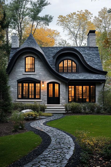 Charming stone house with rounded roof and glowing windows. Get ready to rock your socks off as we chisel away at the timeless charm, undeniable durability, and quirkily majestic appeal of stone exterior houses. Visualization Board, Cottage Houses, Winter Chalet, Stone Exterior Houses, Exterior Houses, Stone Exterior, Stone Facade, Dream Life House, Wall Exterior