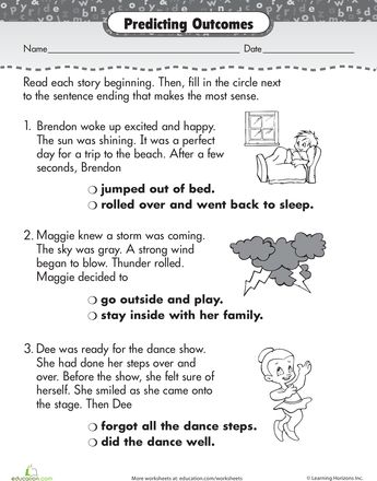 Predicting Outcomes Worksheets: Story Comprehension: How Does It End? Predicting Activities, How To Begin A Story, Making Predictions, English Worksheet, Language Worksheets, English Grammar Worksheets, 2nd Grade Worksheets, Reading Comprehension Skills, 1st Grade Worksheets