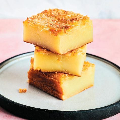 Butter Mochi Recipe | Epicurious Custard Mochi Recipe, Butter Mochi Recipe, Mochiko Flour, Picnic Desserts, Butter Mochi, Baking Contest, Mochi Recipe, Coconut Custard, Kitchen Cookbook