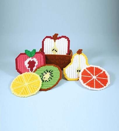 Let’s Make Some Coasters and Lollipop Covers in Plastic Canvas | Fruit plastic canvas coasters Plastic Canvas Designs, Watermelon Coasters, Book Coasters, Lollipop Covers, Mummy Pumpkin, Gingerbread House Patterns, Apple Kitchen, Canvas Coasters, Canvas Ornaments