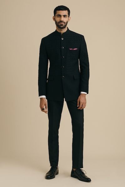 Buy Black Italian Suiting Embroidered Dazzle Shadow Bandhgala With Pant For Men by Contrast By Parth Online at Aza Fashions. Blue Jodhpuri For Men, Black Jodhpuri Suits For Men Wedding, Bandhgala Suit Men, Black Jodhpuri, Shaadi Dresses, Green Suit Men, Jodhpuri Suits For Men, Suits Groom, Groom Dress Men