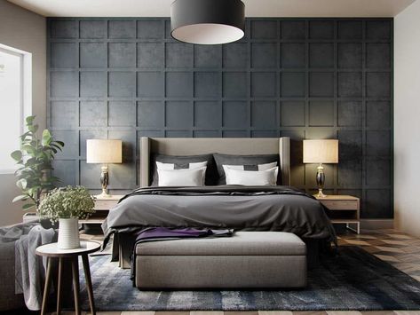 Dark Room’s Are Trending- Here’s How To Achieve The Perfect Tranquil Space Bedroom Wallpaper Neutral, Bedrooms Interior, Grey Bedroom Design, Sustainable Interior, Mens Bedroom, Accent Wall Bedroom, New Interior Design, Grey Bedroom, Modern Bedroom Decor