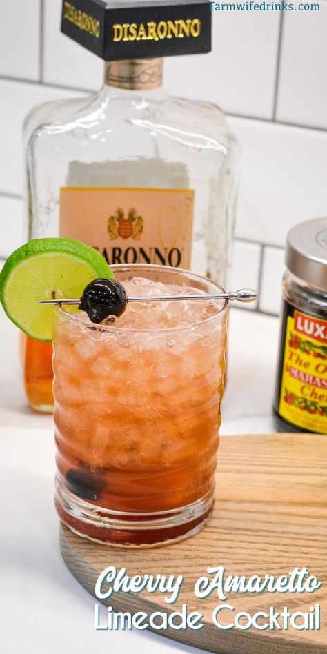 This fruity cocktail is a cherry amaretto limeade cocktail made easily with the combination of amaretto, limeade, and maraschino cherries. #Cocktails #Drinks #Amaretto #LuxardoCherries Drinks With Amerreto, Amerreto Sour, Amerreto Cocktail Recipes, Amerreto Mixed Drinks, Disarrono Drinks, Cocktails With Amaretto, Drinks With Amaretto, Amaretto Drinks Cocktails, Disaronno Cocktails