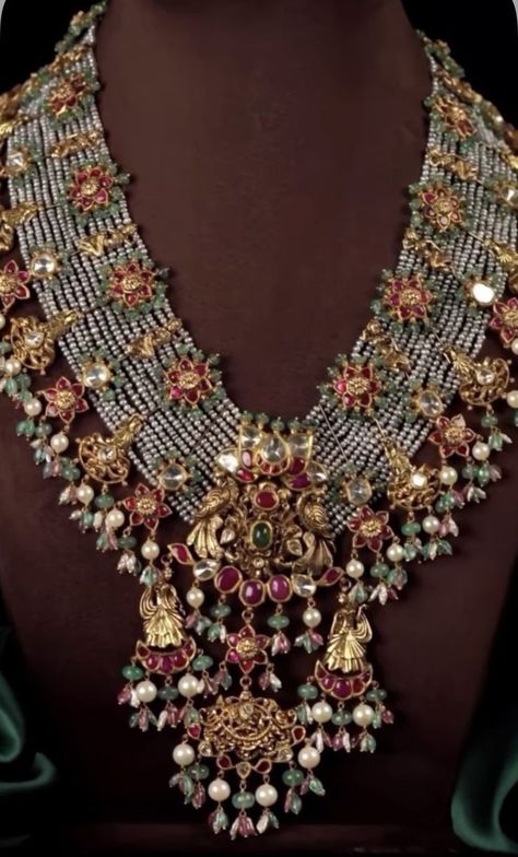 https://in.pinterest.com/krishnajewellersjubileehills/ Pearl Jewelry Indian Traditional, Victorian Polki Jewellery, Victorian Jewelry Indian, Pearl Haaram, Perals Haram, Brass Jewelry Design, Statement Jewelry Necklace, Aesthetic Necklace, Antique Necklaces Design