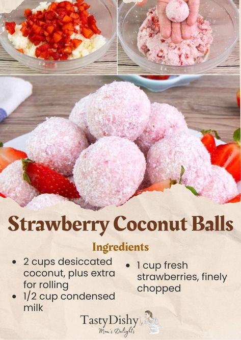 Strawberry Coconut Balls, Coconut Balls Recipe, Cherry Balls, Cup Of Fruit, Cookies 2023, Savoury Bites, Bakery Inspiration, Xmas Recipes, Cookie Balls