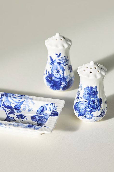 Discover the entire Abi Dinnerware Collection by AnthroLiving. Inspired by traditional Dutch Delftware and French toile fabrics, this salt and pepper shaker set boasts handpainted motifs of florals and bees, perfect for elevated everyday use and special occasions. | Abi Salt & Pepper Shakers by Anthropologie in Blue Blue White And Gold Kitchen Decor, Blue And White Salt And Pepper Shaker, Bee Salt And Pepper Shakers, French Blue Decor, Blue Kitchen Decor Ideas, Blue And White Kitchen Decor, Blue Willow Kitchen, Coast Decor, Girls Room Design