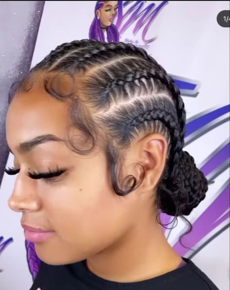 Corn Row Braids Bun, Short Quick Braided Hairstyles, Braid Back Bun, Cornrow Braids Bun, Canrows Going Back Natural Hair, Five Braids Hairstyle, Braids Going Back Into A Bun, 2 Cornrow Braids With Weave, Braids Into Buns For Black Women