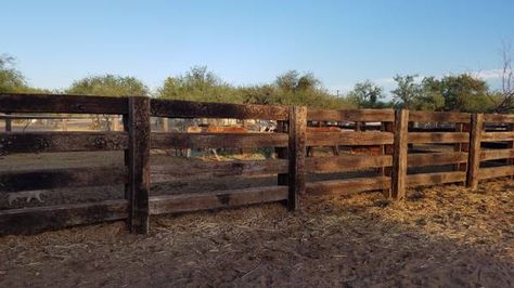 Railroad tie 4 rail fence...awesome! Rail Road Tie Fence, Telephone Pole Fence Ideas, Railroad Tie Fence Ideas, Railroad Ties Fence Ideas, Railroad Ties Fence, Rail Road Ties Ideas, Railroad Tie Fence, Railroad Ties Ideas, Driveway Barrier