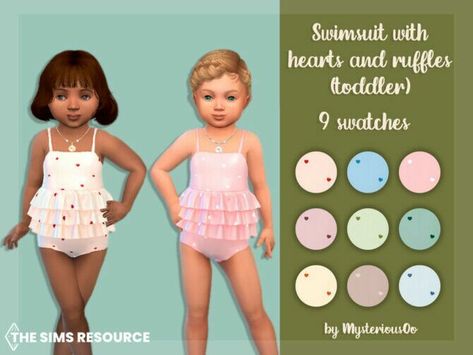 Wow! Check out this Swimsuit With Hearts And Ruffles (Toddler) By Mysteriousoo Sims 4 CC! Clothing, Female Clothing: Swimsuit with hearts and ruffles (toddler) by MysteriousOo. Swimsuit with hearts and ruffles for toddlers in 9 colors. 9 Swatches; Base Game compatible; HQ compatible; Toddler; Outfit type: Swimwear; Part type: Swimsuit; Not Allowed for random; Custom Thumbnail; #sims #sims4 #sims4cc #gaming Toddler Cc Sims 4, Sims 4 Cc Clothes, Toddlers Swimwear, Toddler Bathing Suits, Sims 4 Toddler Clothes, Sims 4 Traits, Sims 4 Cc Download, Sims 4 Cc Kids Clothing, Sims 4 Children