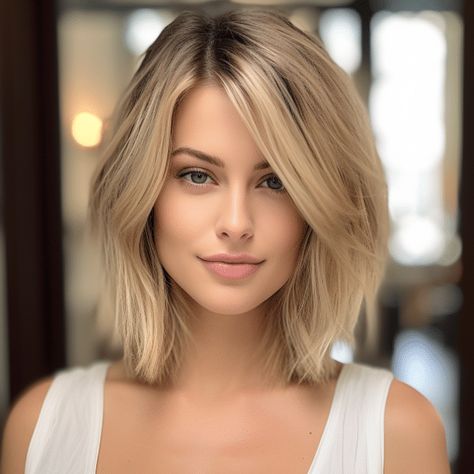 Side Parted Layered Lob Above Shoulder Length Hair Side Part, Medium Bob Side Part, Lob With Face Framing Layers Side Part, Lob Haircut 2024 Trends, Haircuts For Women With Thick Hair, 2024 Shoulder Length Haircuts, Shoulder Length Side Part Hair, Lob Haircut Bangs, Layers For Short Hair Shoulder Length