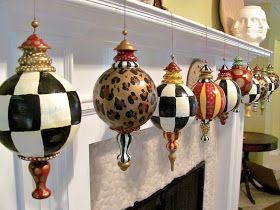 hand painted set of large finial style christmas ornaments Paper Mache Christmas Ornaments, Mackenzie Childs Diy, Hand Painted Christmas Ornaments, Paper Mache Christmas, Designer Christmas, Mckenzie And Childs, Hand Painted Christmas, Painted Christmas Ornaments, Christmas Decorations Diy Outdoor