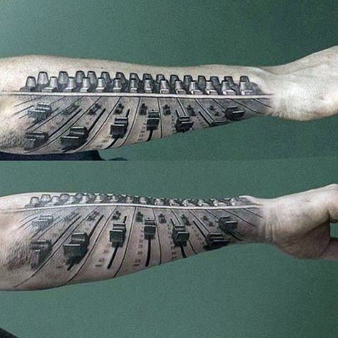 Musical Sound Control Tattoos On Both Arms For Men Dj Inspired Tattoos, Music Tattoos Men, Guy Tattoos, Dj Tattoo, Harmony Tattoo, Microphone Tattoo, Tech Tattoo, Music Tattoo Sleeves, Sound Guy