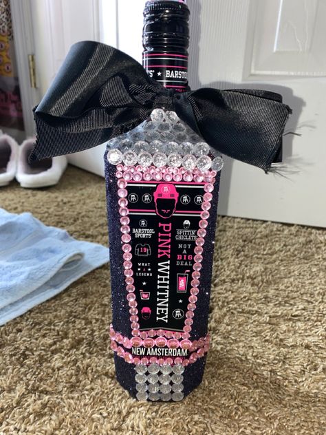 Bedazzled Stuff, Alcohol Bottle Decorations, 21st Birthday Diy, Pink Whitney, Bedazzled Liquor Bottles, Bedazzled Bottle, Alcohol Bottle Crafts, Decorated Liquor Bottles, Besties Birthday