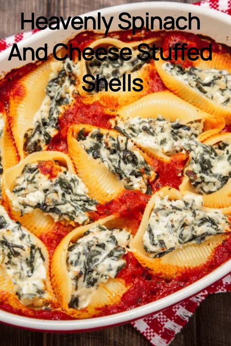 Heavenly Spinach And Cheese Stuffed Shells baked in a white casserole dish. Cheesy Spinach Stuffed Shells, Best Stuffed Shells Recipe, Sausage And Spinach Stuffed Shells, Cheese Stuffed Shells Recipe, Best Stuffed Shells, Recipe With Spinach, Spinach Stuffed Shells, Minced Chicken Recipes, Cheesy Spinach