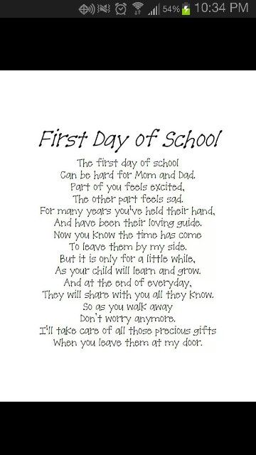 This is going to be such a bitter sweet moment for me... I can't believe my baby boy is starting kindergarten this year First Day Poem, First Day Of School Quotes, Kindergarten Orientation, Kindergarten Quotes, Preschool Quotes, Preschool Rules, Poems About School, Starting Kindergarten, School Prayer