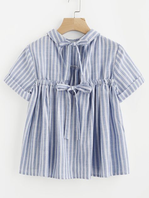 Shop Striped Bow Tie Back Cuffed Smock Top online. SheIn offers Striped Bow Tie Back Cuffed Smock Top & more to fit your fashionable needs. Crazy Tops, Blouse Outfit Casual, Blouse Tops Designs, Blusas Top, Awesome Blouse, Fashion Tops Blouse, Baby Frocks Designs, Smock Top, Classy Casual Outfits