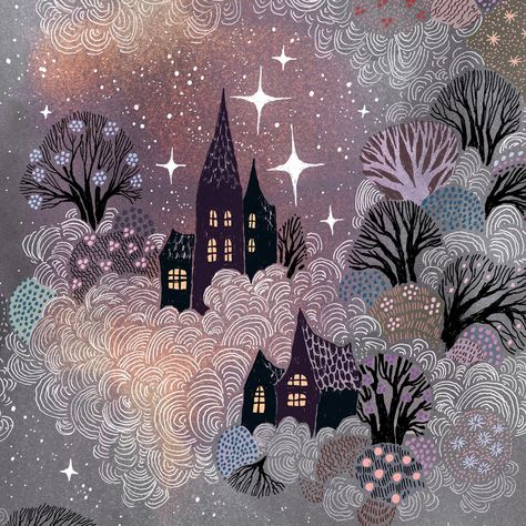 Gingerbread City, Ulla Thynell, Whimsical Art Paintings, Star Illustration, Winter Illustration, Doodle Illustration, Fairytale Art, Art Prompts, Ethereal Art