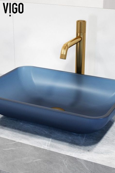 The Rectangular Royal Blue Sottile Glass Vessel Bathroom Sink is a masterpiece of elegance and functionality. With its unique hand-painted design in a mesmerizing royal blue hue, this sink effortlessly transforms any bathroom into a luxurious sanctuary.| VIGO Design Ideas - Remodels - Home Interior Wall Mount Sink Bathroom, Wall Mount Sink, Glass Vessel Sinks, Ideal Bathrooms, Vessel Bathroom Sink, Wall Mount Faucet, Bathroom Collections, Vessel Sinks, Glass Vessel