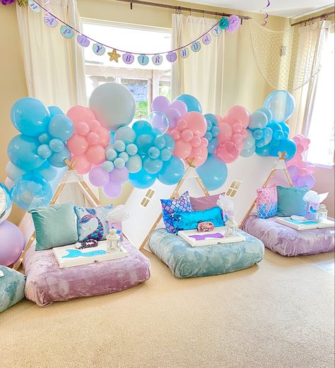 Sleeping Tent Party, Teepee Themed Birthday Party, Mermaid Teepee Party, Mermaid Tent Party, Slumber Party Teepee, Mermaid Sleepover Party, Mermaid Slumber Party, Tent Sleepover, Slumber Party Decorations