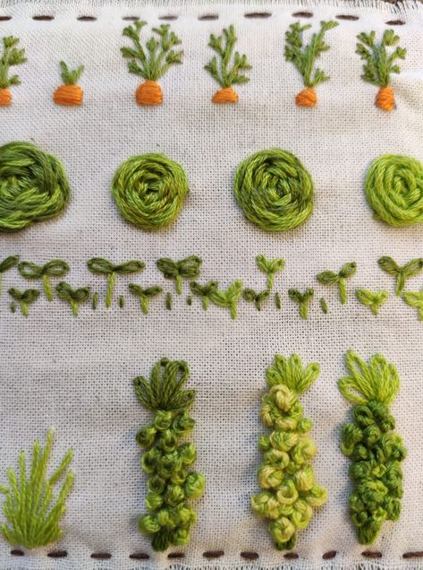 Embroidery Garden Designs, Embroidery Vegetable Garden, Vegetable Garden Embroidery, Slug Embroidery, Garden Embroidery Patterns, Garden Embroidery Designs, Grass Embroidery, Cross Stitch Garden, Drawing Embroidery