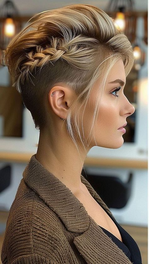 Pixie Hairstyles Wedding Brides, Styles For Undercut Hair, Fantasy Hair Styles Short, Short With Undercut, Cute Pixie Hairstyles, Pixie Hair Wedding Styles, Braided Pixie Hairstyles, Long Undercut Pixie, Undercut Braids Hairstyles