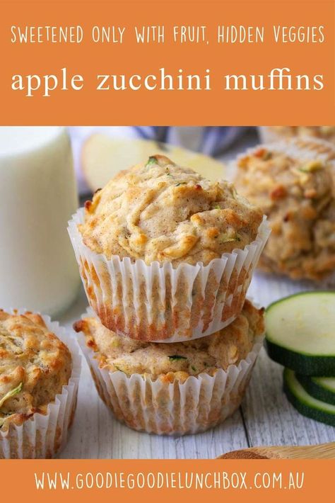 These Apple Zucchini Muffins are must bake for lunchboxes. No added sugar and with sneaky veggies, these light and delicious muffins are a fantastic snack. #lunchboxideas #lunchboxmuffins #noaddedsugar #healthybaking #bakingforkids #lowsugarbaking #goodiegoodielunchbox via @goodielunchbox Apple Zucchini Muffins, Low Sugar Baking, Apple Zucchini, Vegetable Muffins, Zucchini Cookies, Double Chocolate Chip Muffins, Zucchini Muffins, Healthy Banana Bread, Hidden Veggies