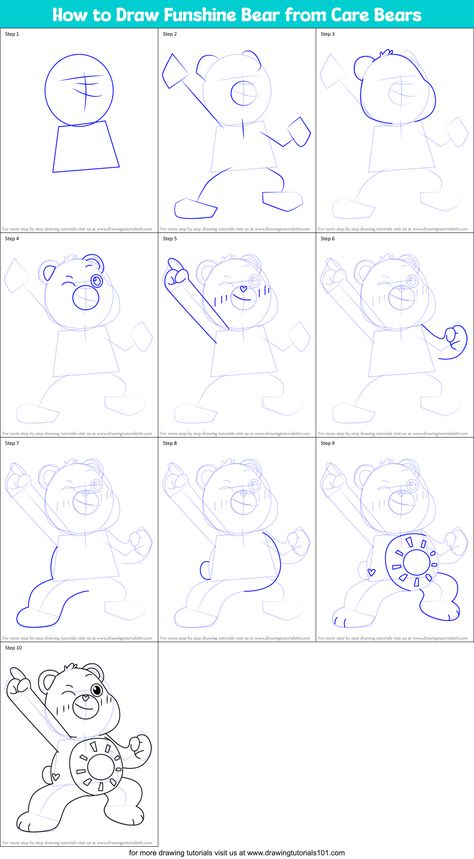 How to Draw Funshine Bear from Care Bears (Care Bears) Step by Step | DrawingTutorials101.com How To Draw A Care Bear Step By Step, Funshine Bear, Learn Drawing, Care Bear, Care Bears, Learn To Draw, To Draw, Bears, Step By Step