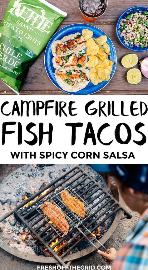 Grill these fish tacos right over your campfire for an easy camping meal! Campfire cooking | Camping Food Campfire Pizza, Camping Meal, Grilled Fish Tacos, Cooking Camping, Campfire Grill, Camping Menu, Spicy Corn, Camping Dinners, Easy Camping Meals