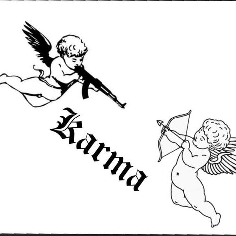 Palm Angel Tattoo, Tattoo Karma, Shen Long Tattoo, Angel Devil Tattoo, Cupid Tattoo, Half Sleeve Tattoos Forearm, Karma Tattoo, Gangsta Tattoos, Devil Tattoo