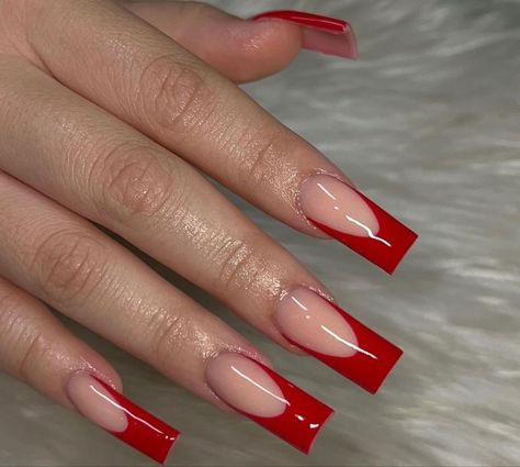 Red Tip Nails, Cute Red Nails, Tip Nail Designs, Red And White Nails, Tapered Square Nails, Red Acrylic Nails, Red French, Drip Nails, Ombre Acrylic Nails