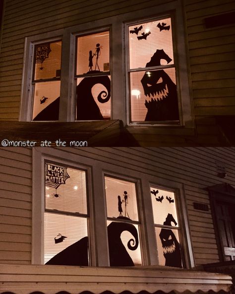 Halloween Window Art Ideas, Halloween Window Silhouettes Nightmare Before Christmas, Nightmare Before Christmas Window Silhouette, Window Halloween Decorations, Nightmare Before Christmas Window, Halloween Window Painting Ideas, Christmas Window Art, Halloween Windows, Window Decor Diy