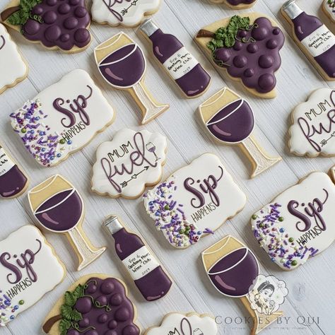 Sip Happens Mum Fuel Wine Themed Cookies Wine Birthday Party, Wine Cookies, Sip Happens, Wine Cake, Royal Iced Cookies, Wine And Cheese Party, Themed Cookies, Wine Tasting Party, Sugar Cookie Designs