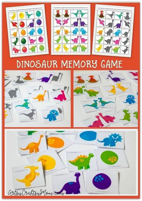 A great way to develop your child's memory is by playing a memory game! Get ready to have some fun with our 3-in-1 Dinosaur Memory Game Printables! Pom Pom Mat, Kids Dinosaur Costume, Dinosaur Activities Preschool, Preschool Craft Activities, Dinosaurs Preschool, Math Crafts, Dinosaur Activities, Dinosaur Crafts, Kindergarten Crafts