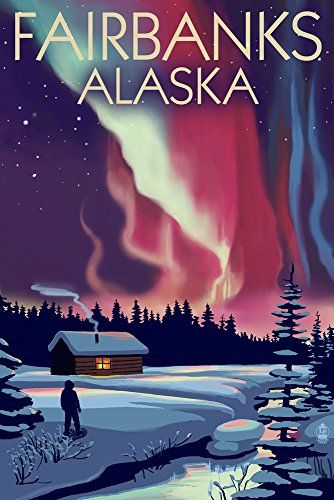 Fairbanks Alaska  Northern Lights and Cabin 24x36 Giclee Gallery Print Wall Decor Travel Poster Alaska Poster, North Pole Alaska, Alaska Northern Lights, Posters Decor, Fairbanks Alaska, Cabin Art, Retro Travel Poster, City Poster, Alaska Travel