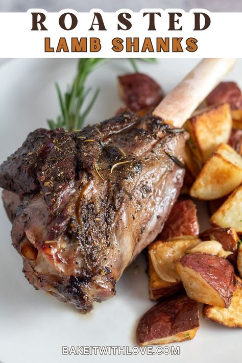 Roasted Lamb Shanks Roast Lamb Shanks, How To Cook Lamb Shanks Easy Recipes, Roasted Lamb Recipes, Lamb Shank Recipes, Roast Lamb Shank Recipe, Easy Lamb Shank Recipe, Lamb Shanks Oven, Roasted Lamb Shanks, Slow Roasted Lamb