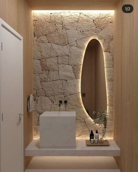 Mirror With Pebble Tilearound, Modern Spa Bathroom Stone, Bali Powder Room, Concrete With Mirror, Full Length Mirror For Gym, Freeform Bathroom Mirror, Spa Mirror Bathroom, Sunken Bathroom Mirror, Bathroom With Stone